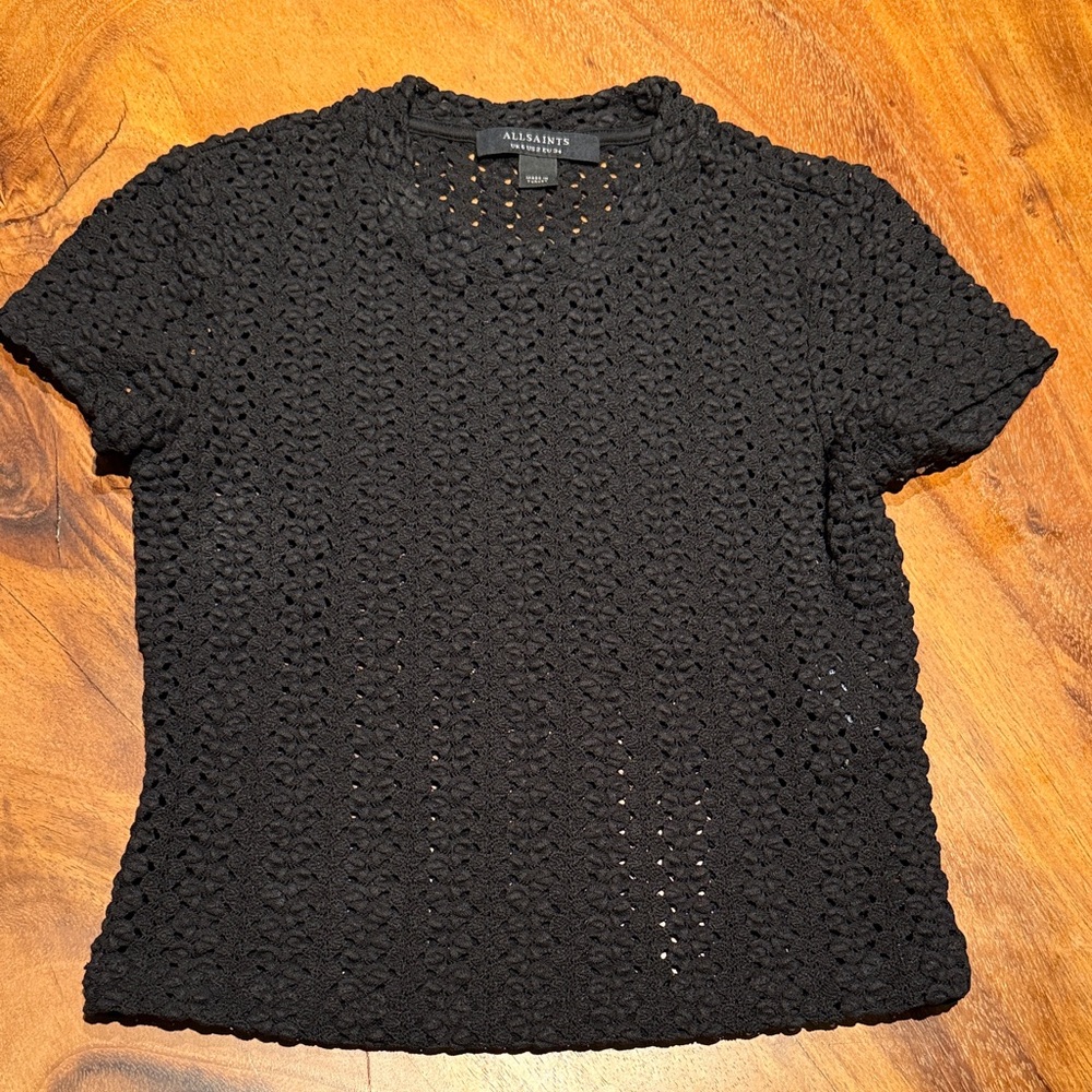 AllSaints Black Short-Sleeve Crochet Knit Tee